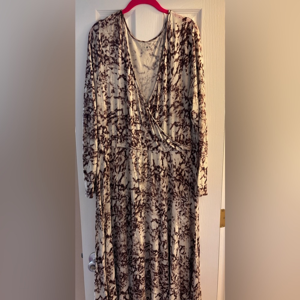 Three Dots  Elegant Brown Patterned Faux Wrap Dress 2x
